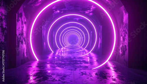 A tunnel illuminated by concentric neon purple rings, creating a futuristic and abstract perspective with textured walls.