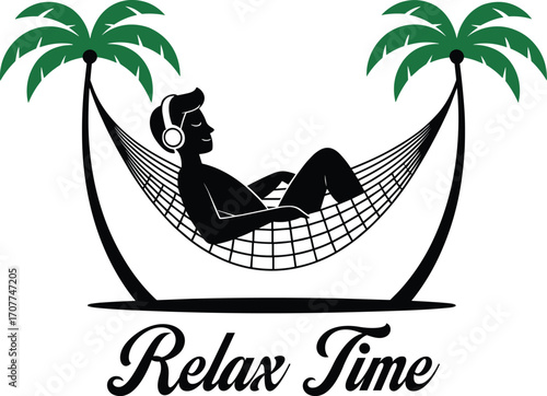 Summer holiday illustration of man relaxing on hammock. Vector art of leisure time with tropical palm trees.