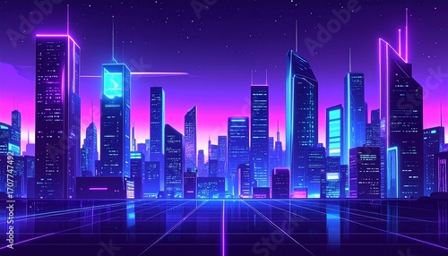 A vibrant  futuristic cityscape illuminated by neon lights against a starry night sky  reflecting below.