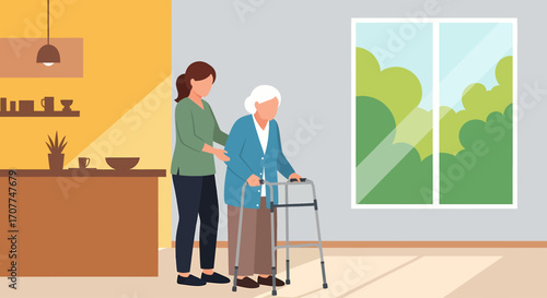 A younger woman gently assists an elderly woman using a walker in a brightly lit room with a large window.