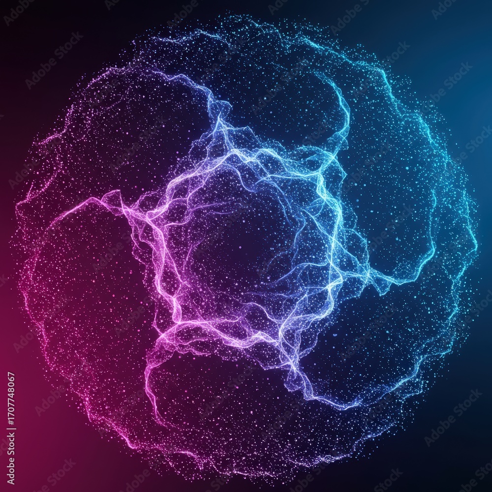 Obraz premium Abstract glowing particle sphere with flowing lines on dark background, illustrating digital data, network connections, or scientific concepts