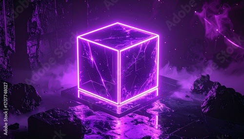 Glowing neon purple cube levitates above reflective surface in a surreal environment.