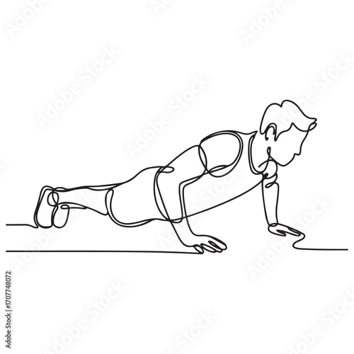 Single continuous line Art drawing of young sportive man training push up in sport gymnasium club center, front view. Fitness stretching concept. with white background
