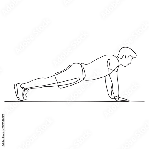 Single continuous line Art drawing of young sportive man training push up in sport gymnasium club center, front view. Fitness stretching concept. with white background