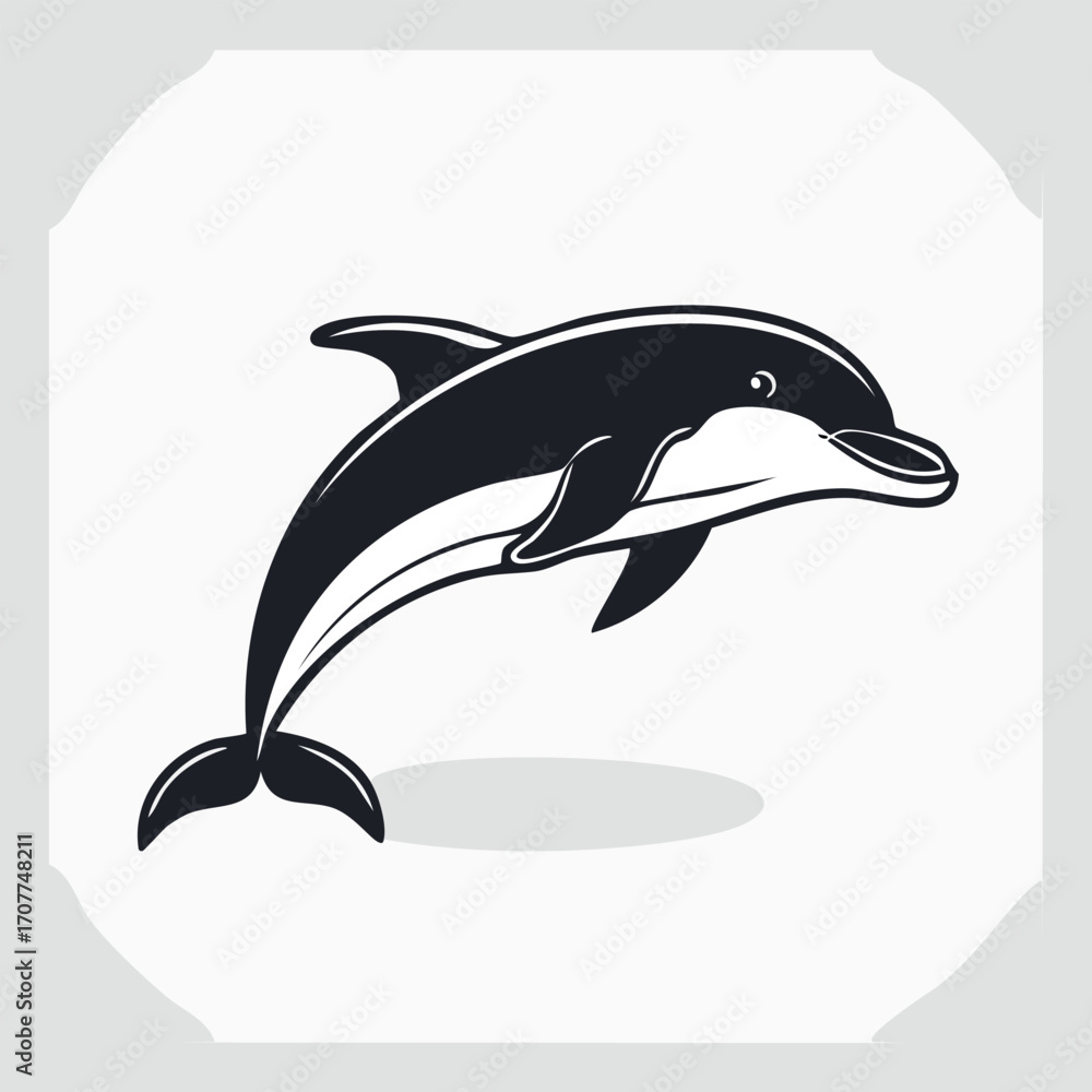 Naklejka premium A stylized black and white dolphin leaping gracefully through the water.