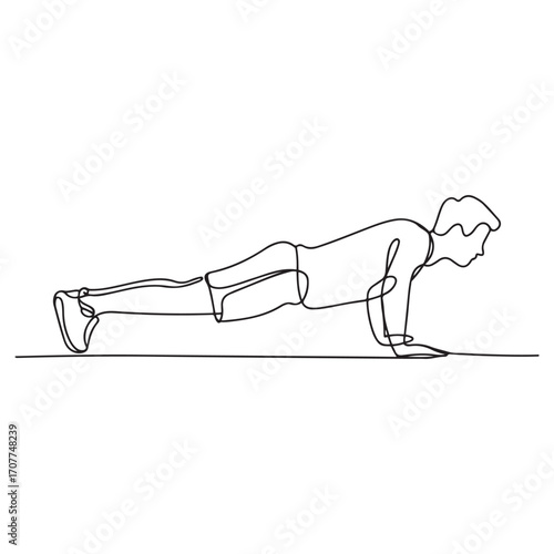 Single continuous line Art drawing of young sportive man training push up in sport gymnasium club center, front view. Fitness stretching concept. with white background