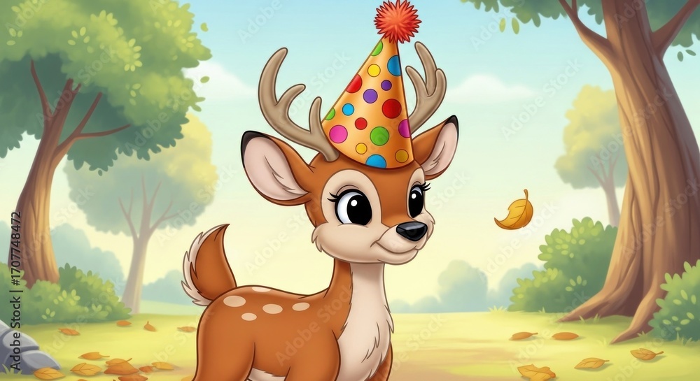 Fototapeta premium Animated fawn with large eyes, wearing a party hat, stands in a sunlit forest with trees and a falling leaf