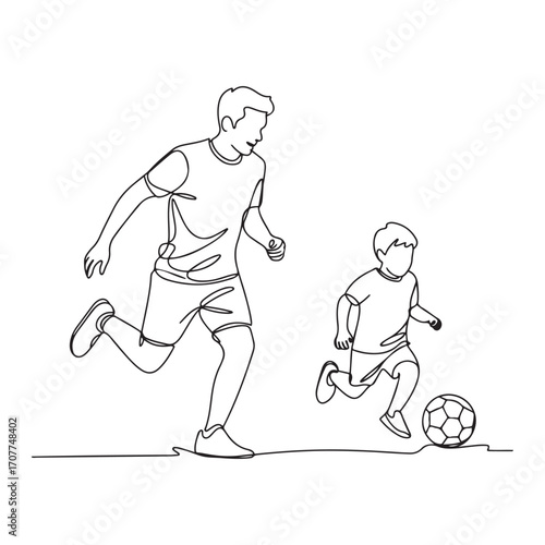 One single line Art drawing young dad running and playing football soccer with his son in public field park vector graphic illustration. with white background