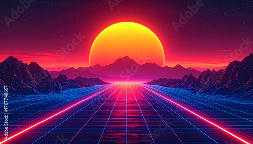 Vibrant digital artwork depicting a retro-futuristic landscape with a large sun setting over mountains.