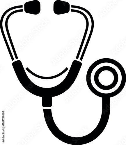 Black and white stethoscope illustration, a simple, clean medical icon for healthcare, diagnosis, and medicine concepts, representing a tool used by doctors and nurses.