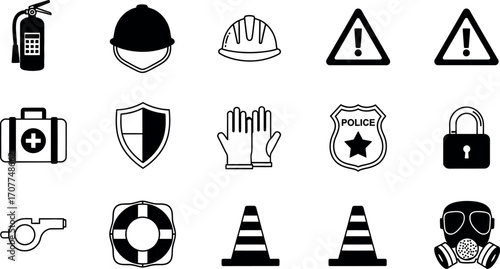 Workplace safety and security icons vector set. Line art, graphic design, illustration of safety and protection equipment.