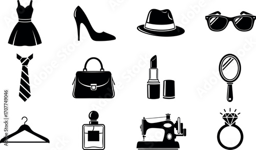 Fashion and beauty icons. A collection of black and white vector images representing clothing, accessories, and cosmetics for modern lifestyle and stylish design.