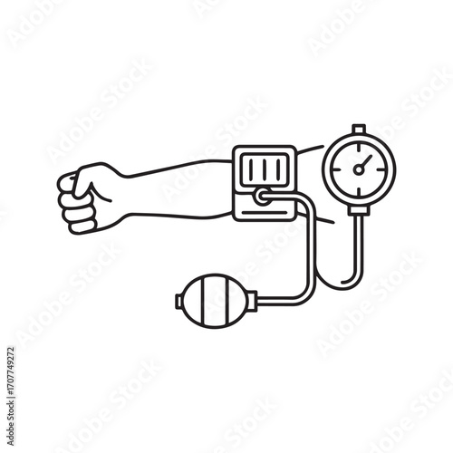Blood pressure check line icon. Vector illustration of a sphygmomanometer with cuff on arm for medical diagnosis. Healthcare and cardiology symbol.
