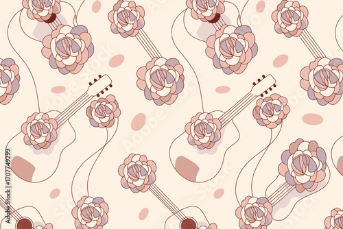 Repeating pattern of guitars adorned with flowers on a light background with small oval shapes scattered around