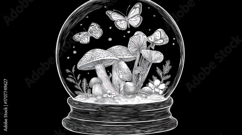 A grayscale snow globe with mushrooms, flowers, and butterflies