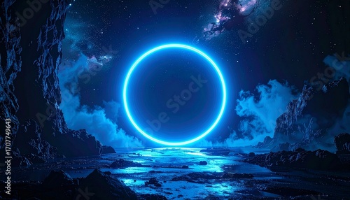 A glowing blue circle dominates a surreal landscape with rocky formations, water reflections, and a starry night sky above.