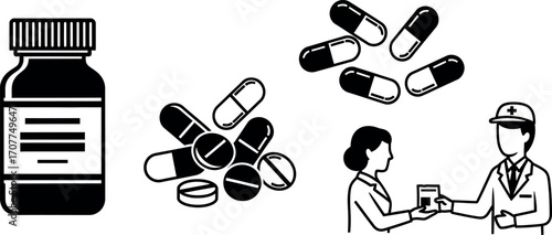 Pharmacy prescription drug icon set. Pills, capsules, and medicine bottle. Pharmacist giving box of drugs to patient. Vector black outline illustration.