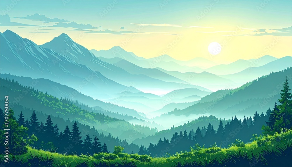 Obraz premium Misty mountain range at sunrise, lush valley, and dense forests.