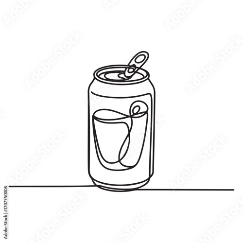 Single continuous line Art drawing of stylized soft drink on aluminium can logo label. Emblem drink store concept. with white background