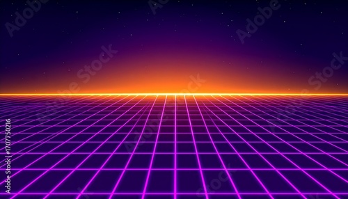 Retro-futuristic grid landscape with neon purple lines receding into a horizon of orange light against a dark blue and purple star-filled sky.