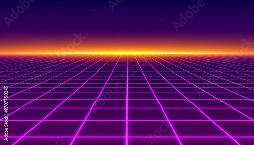 Retro futuristic grid landscape with vibrant neon lines and a horizon.
