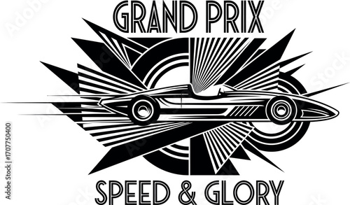 Grand Prix race car, speed and glory, monochrome vector illustration with a retro and vintage design style, abstract and explosive background for a dynamic and dramatic effect.