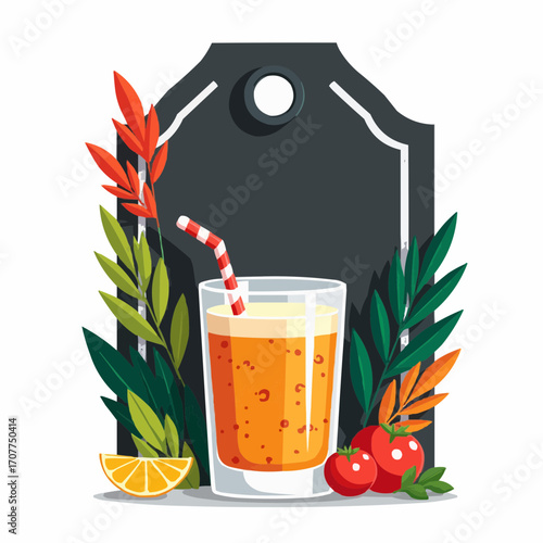 Refreshing juice in glass with straw and fruits near chalkboard  