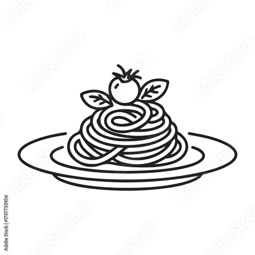 Single continuous line Art drawing of stylized Italian spaghetti logo label. Italy pasta noodle restaurant concept. with white background