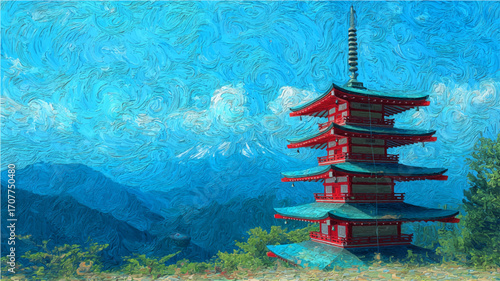 Vector illustration of Chureito pagoda, in impasto style