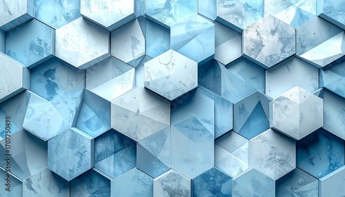 Abstract geometric pattern of hexagonal tiles, with a cool blue and white marble effect.