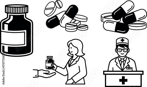 Black and white line art vector illustration set of medical and pharmaceutical icons including a pill bottle, tablets, capsules, and a doctor and pharmacist dispensing medicine.
