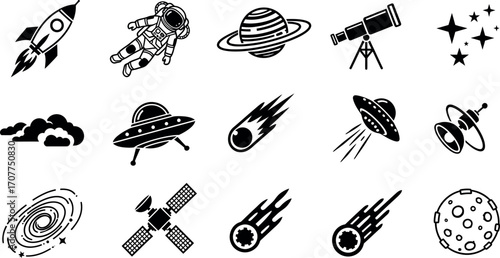 Space exploration and science vector icon set in black and white style, featuring spaceships, astronauts, planets, telescopes, comets, galaxies and more.