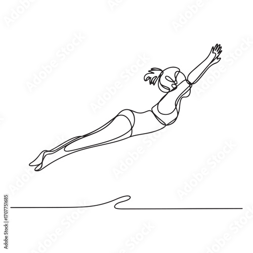 One single line Art drawing of young energetic woman diving into the swimming pool after beauty jumping somersault vector illustration. with white background