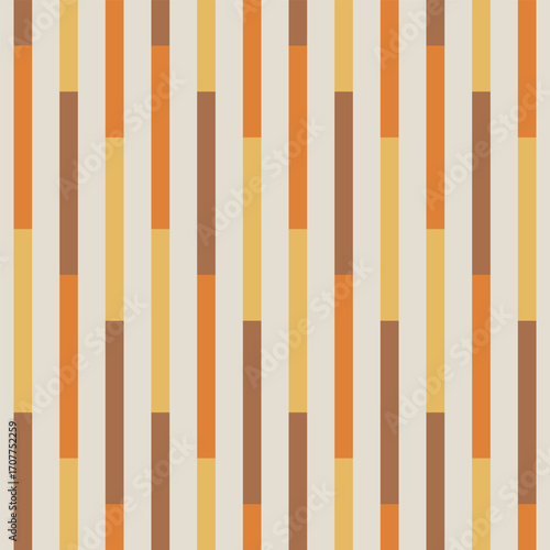 Retro Color block vertical stripes seamless pattern in orange, mustard yellow and brown on beige background. For wallpaper, home décor and fabric