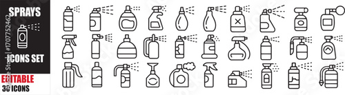 Spray Bottles Icons Set: Editable 30 Aerosol, Sprayer, and Cleaning Vector Icons for UI and Web