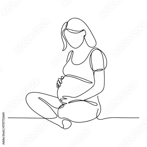 Continuous one line Art drawing happy young pregnant woman sitting with crossed legs at home and looking at her belly. with white background