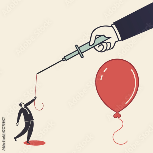 Vector illustration of a giant hand with syringe cutting a man’s balloon string, symbolizing fragile dreams, broken support, betrayal, risk, and sudden collapse of hope.