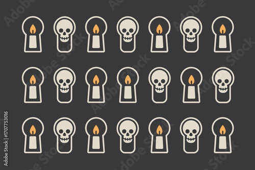 Pattern of keyholes with candles and skulls on a dark background spooky halloween themed design art
