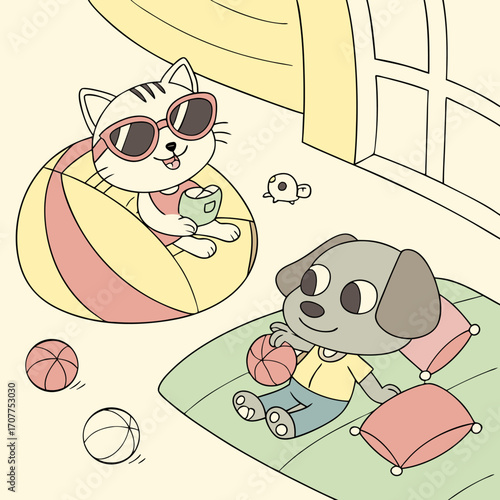 Cute cartoon cat with sunglasses relaxing on a beanbag while drinking, and a playful dog sitting on cushions with a ball, creating a fun and cozy indoor scene