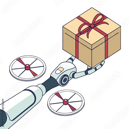 Vector illustration of a robotic drone arm carrying a parcel gift box, representing futuristic delivery system, AI logistics, automation, and drone shipping technology
