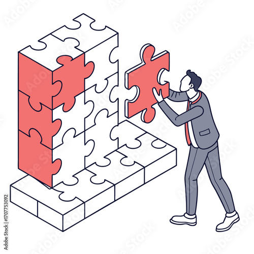 Vector illustration of a businessman placing the last puzzle piece, symbolizing problem solving, teamwork, business strategy, leadership, and achieving goals