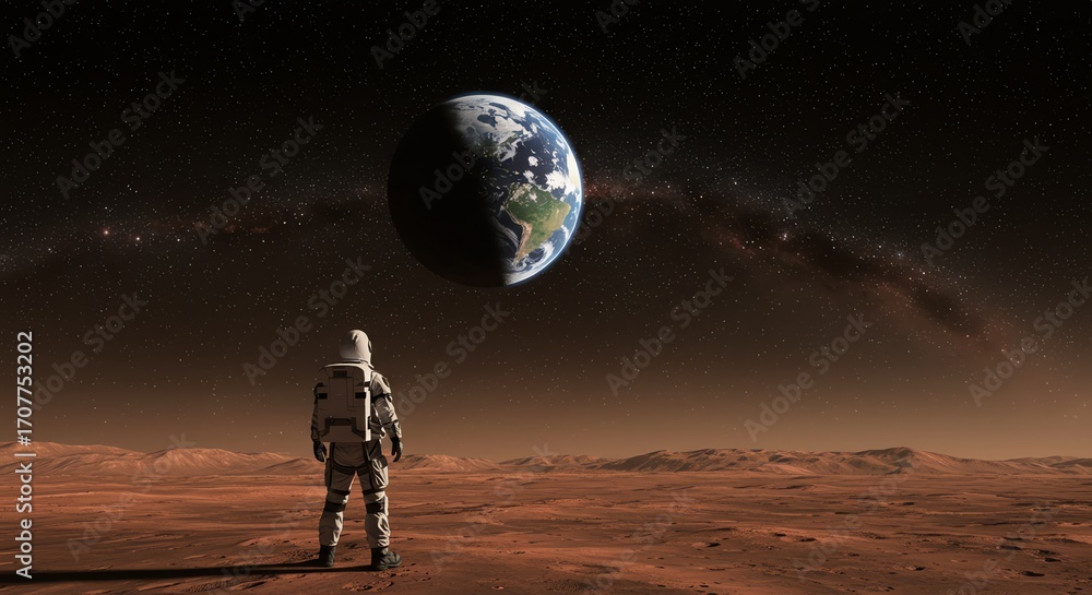 Fototapeta premium Astronaut on Mars Contemplates Earth Exploration Space Future Vision