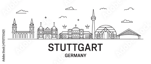 Stuttgart city Line Art skyline horizontal banner. Stuttgart city, Germany. Vector template for your design. with white background