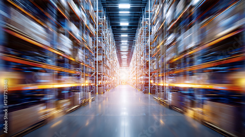 Blurred motion view of a large warehouse aisle with tall shelving units and bright lighting