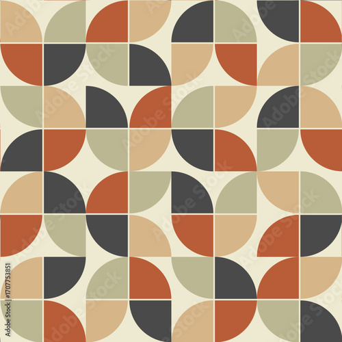 Mid Century Modern Abstract Minimalist Shapes seamless pattern in charcoal, Terracotta, Tan and sage green. For wallpaper, wall art and home décor.