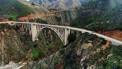 Iconic Bixby Canyon Bridge aerial view along Pacific Coast Highway Big Sur USA