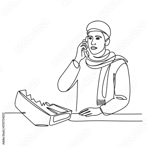 One single line Art drawing of young Arabian man wearing scarf receives complaint call from customer about broken new product. with white background