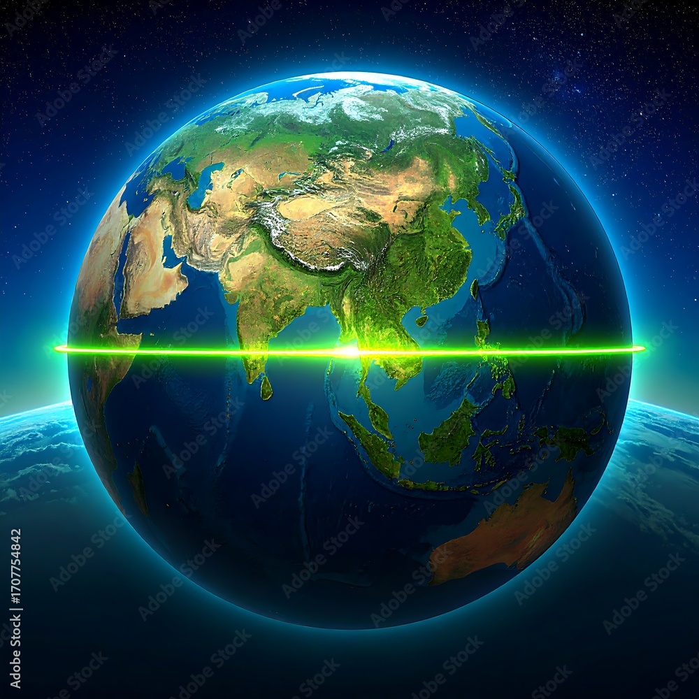 Fototapeta premium Earth graphic with illuminating green laser beam