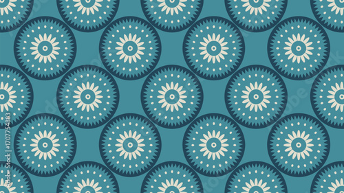 A seamless pattern featuring circular floral designs in shades of teal and cream repeating across the surface