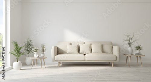 “Scandinavian Minimalist Living Room with Indoor Plants and Sunlight”